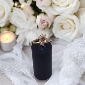 14k Yellow Gold Red Stone and .27CT Diamond Ring Size 6.5